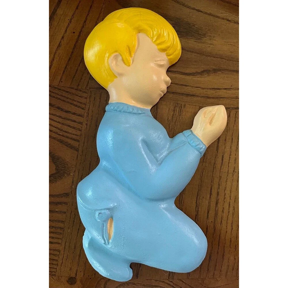 Vintage Chalkware Praying Boy Girl Wall Plaques Nursery Decor MCM Retro Set of 2